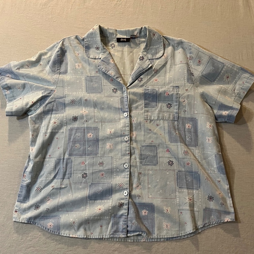 Vintage Tapestry Blue Patchwork Butterfly Floral Button‎ Up Shirt Made in USA XL